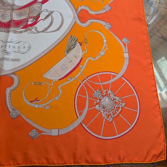 HERMES Springs Ledoux Orange White Red 90 cm Silk Square Scarf Rare Very Good - Picture 9 of 16